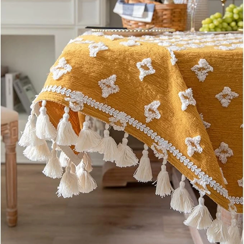 Versatile Yellow Embroidered Tassel Tablecloth by Casa & Beyond