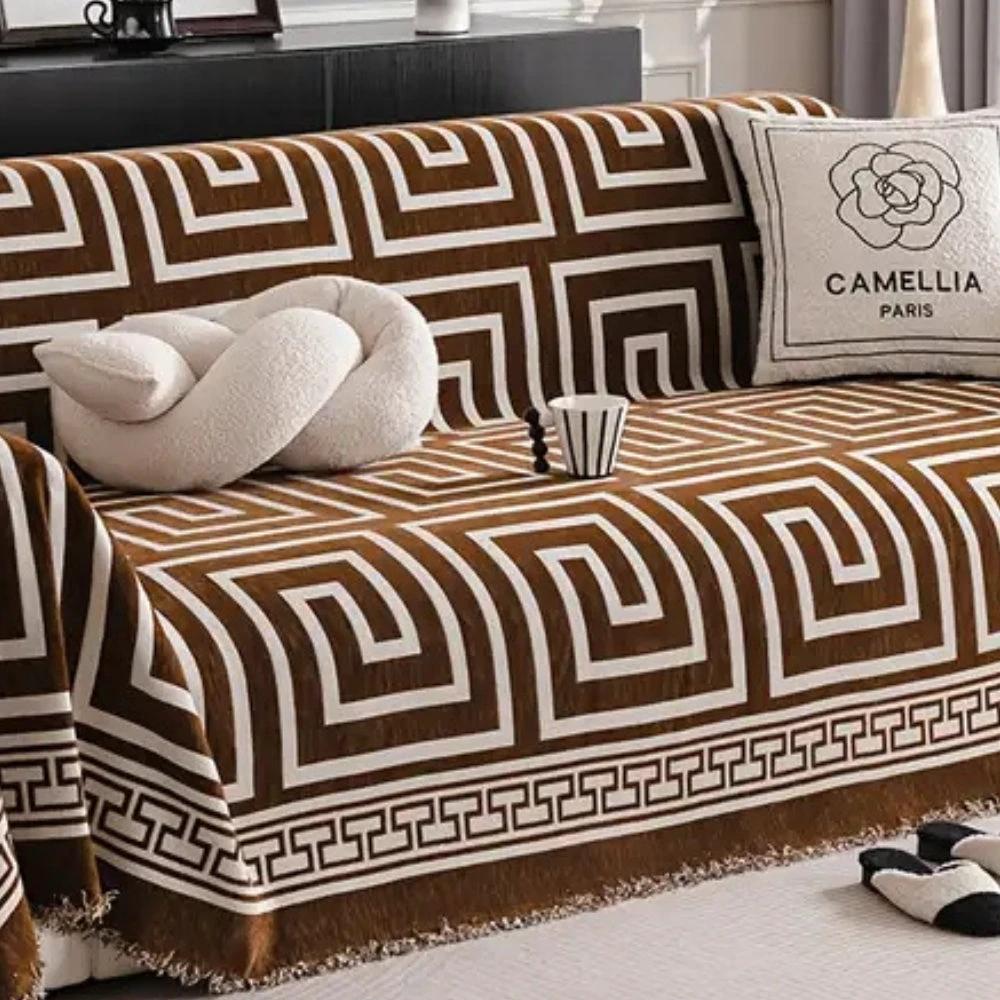 Meander Tassels Chenille Sofa Cover by Casa & Beyond