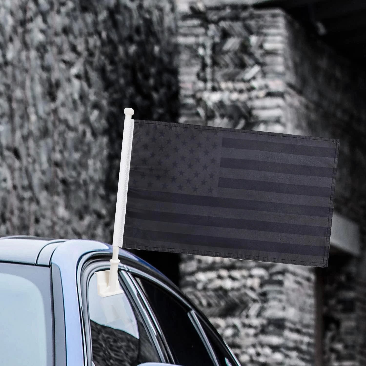 US Black flag Car Window Flag of American 11X18 Inch(28x46cm) 100% Polyester, Strong White Flagpole by flagsshop