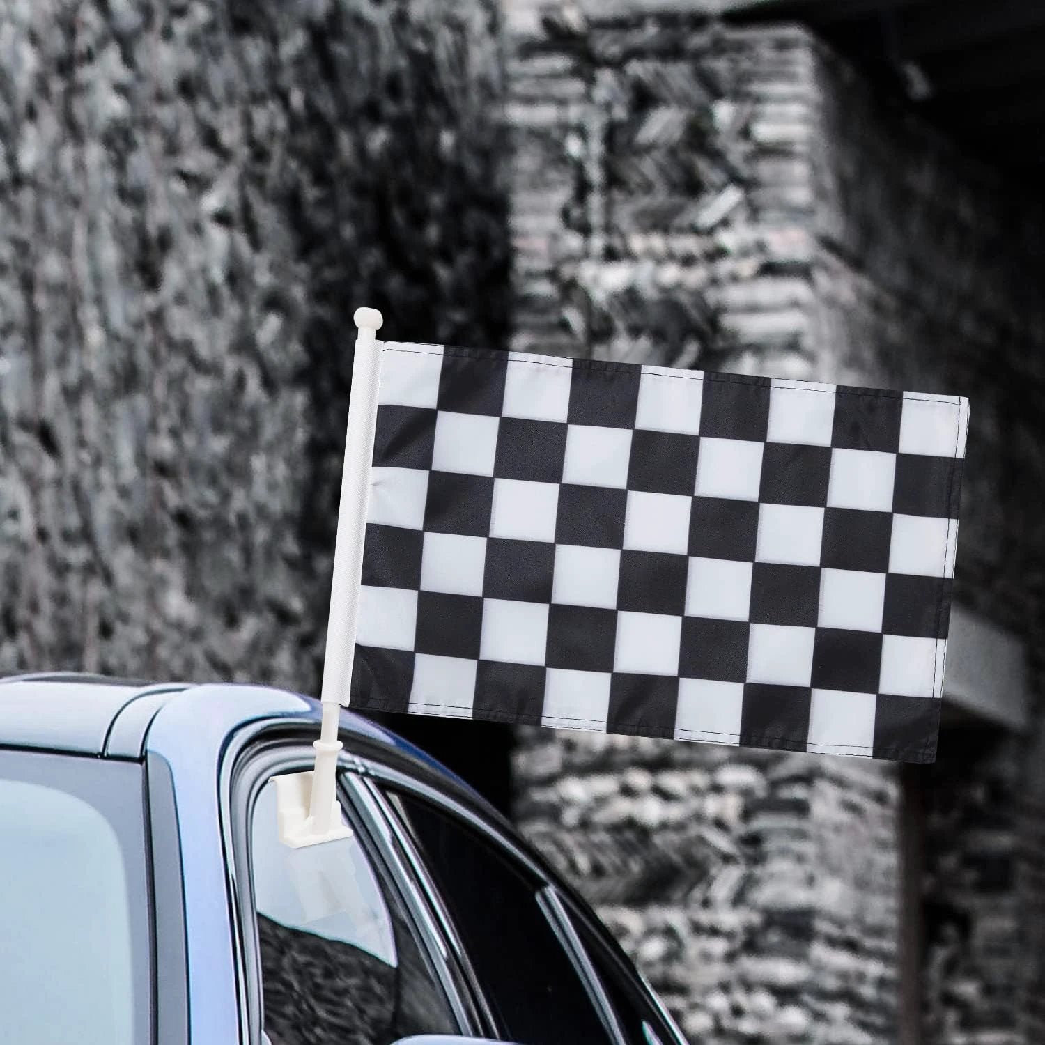 Black & White Checkered Flag Car Window Flag Racing Flag 11X18 Inch(28x46cm) 100% Polyester, Strong White Flagpole by flagsshop