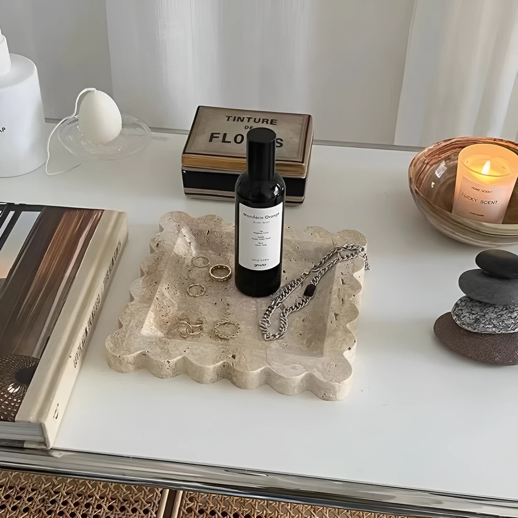 Scalloped Marble Travertine Jewellery Tray by Casa & Beyond