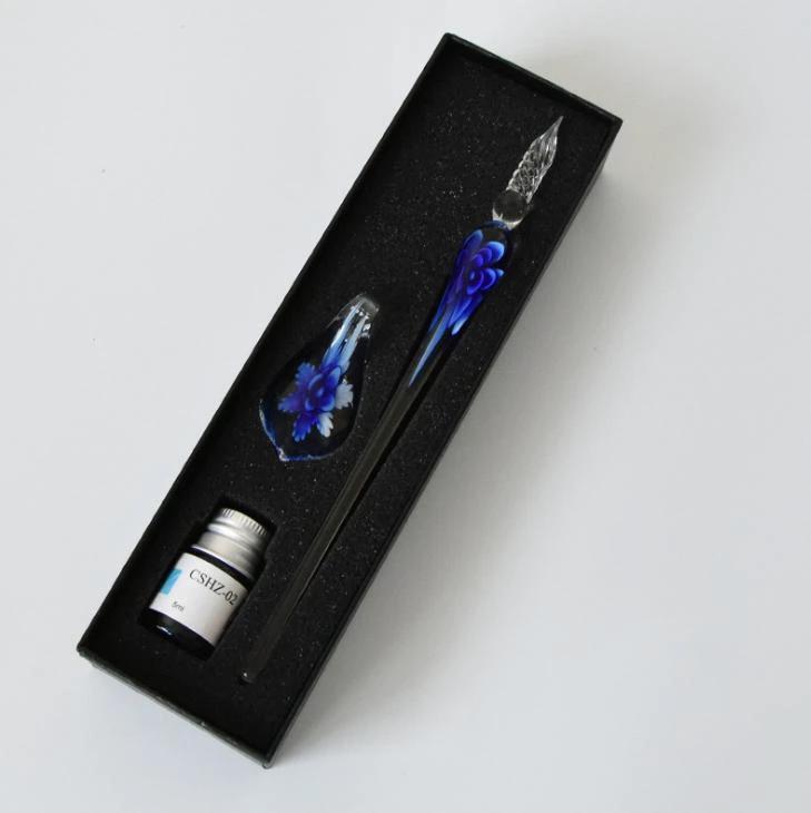 Glass fountain pen with ink and pen holder by Bowlift