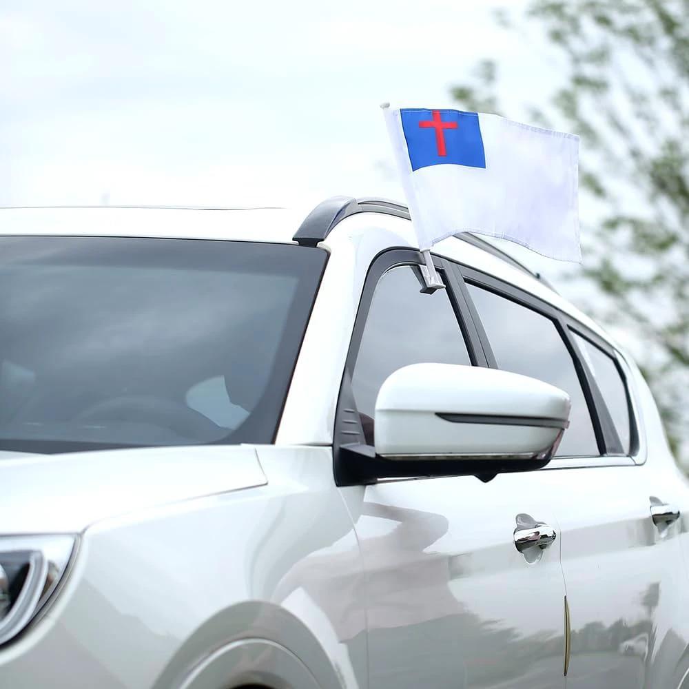 Christian Flag Car Window Flag of Christian Patriotic, National Day, Olympic Games, 11X18 Inch(28x46cm) 100% Polyester, Strong White Flagpole by flagsshop