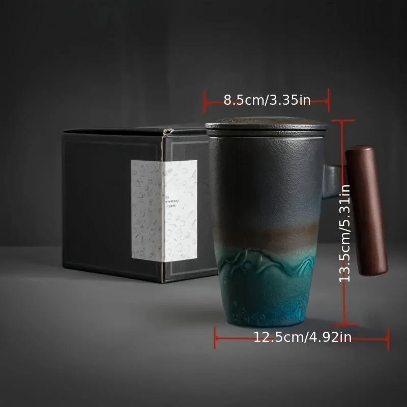 TeaCraft Ceramic Mug | Handmade | With Tea Infuser & Wooden Handle | Retro Design by BowLift