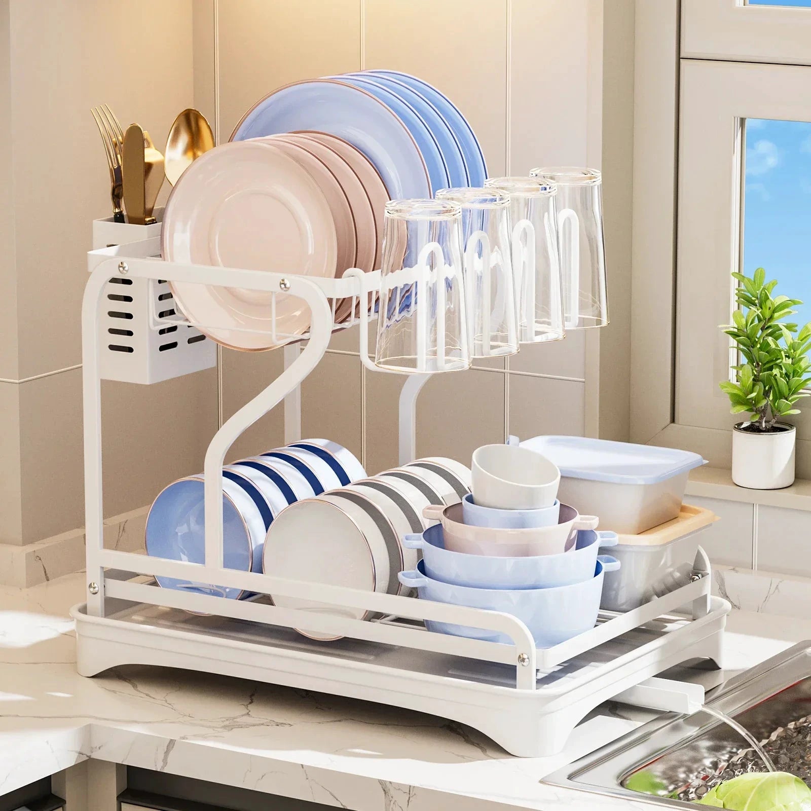 2Tier Metal Dish Drying Drainer Rack With Drainboard Kitchen Counter by Bowlift