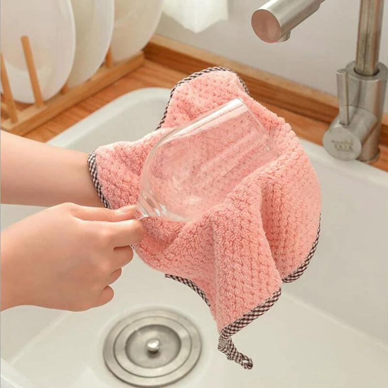 3 Pack Pink Hanging Coral Fleece Lint-Free Absorbent Cloth Dishcloth by Bowlift