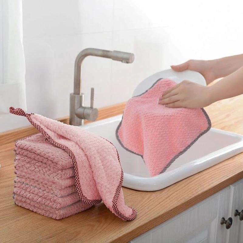 3 Pack Pink Hanging Coral Fleece Lint-Free Absorbent Cloth Dishcloth by Bowlift
