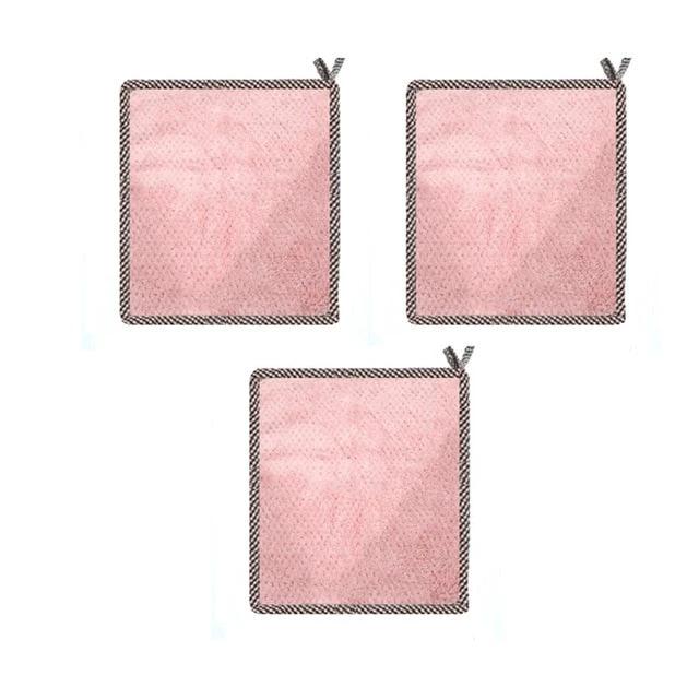 3 Pack Pink Hanging Coral Fleece Lint-Free Absorbent Cloth Dishcloth by Bowlift