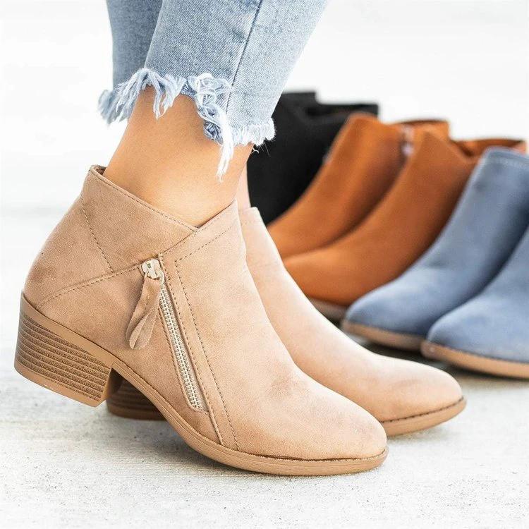 BowLift 丨 Women's Large Size Suede Martin Ankle Boots Low Thick Heel Side Zipper Rubber Sole by BowLift