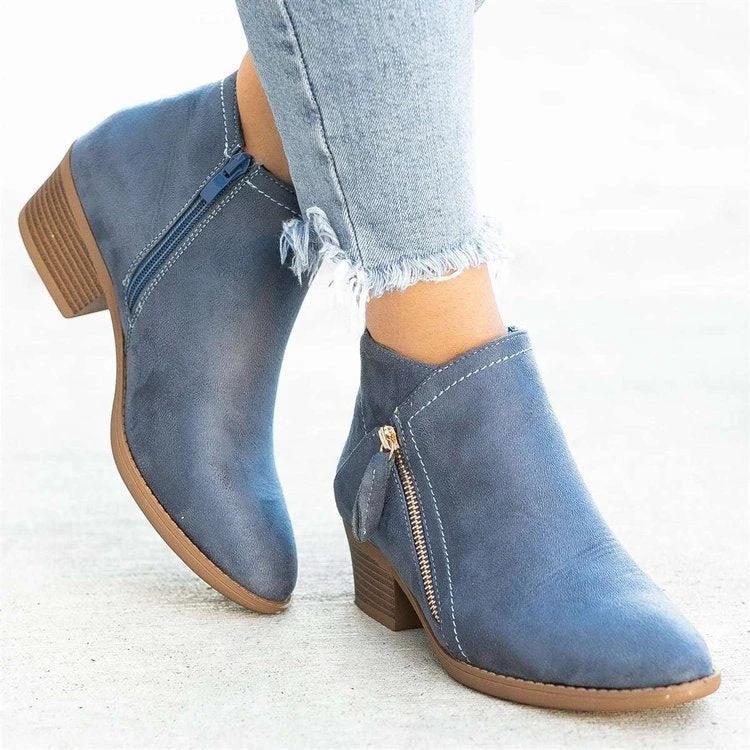 BowLift 丨 Women's Large Size Suede Martin Ankle Boots Low Thick Heel Side Zipper Rubber Sole by BowLift
