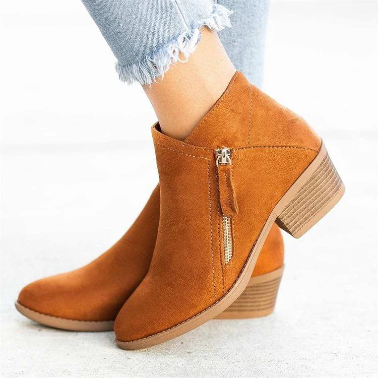 BowLift 丨 Women's Large Size Suede Martin Ankle Boots Low Thick Heel Side Zipper Rubber Sole by BowLift