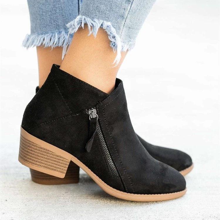 BowLift 丨 Women's Large Size Suede Martin Ankle Boots Low Thick Heel Side Zipper Rubber Sole by BowLift