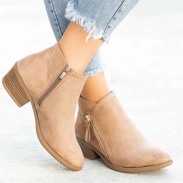 BowLift 丨 Women's Large Size Suede Martin Ankle Boots Low Thick Heel Side Zipper Rubber Sole by BowLift