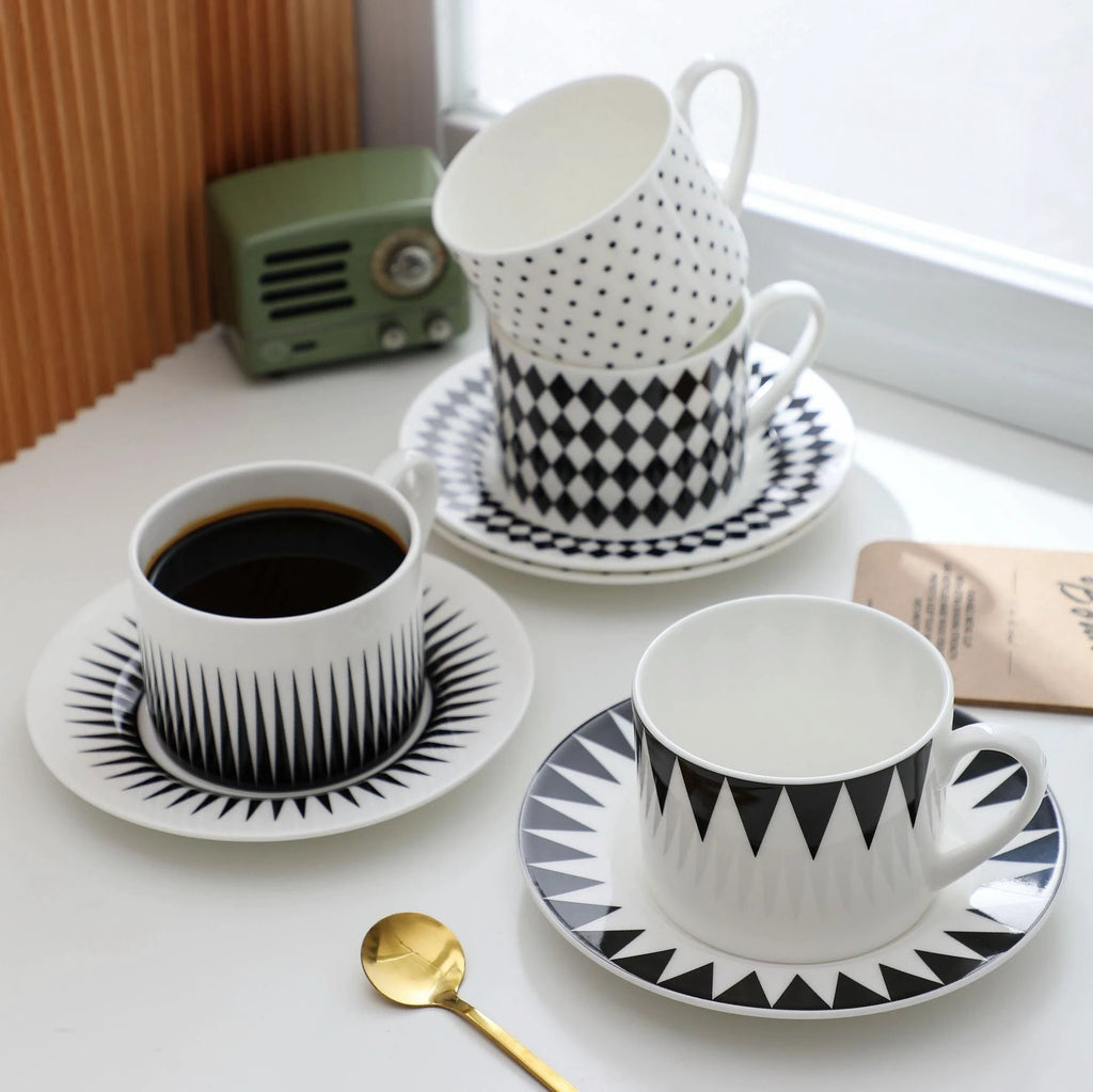 BowLift 丨 Bone China Coffee Cup & Saucer Set Black-White Geometric Bone by BowLift