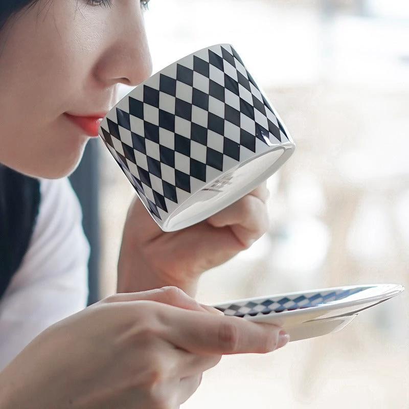 BowLift 丨 Bone China Coffee Cup & Saucer Set Black-White Geometric Bone by BowLift