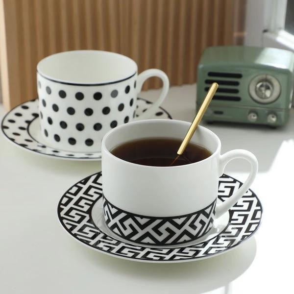 BowLift 丨 Bone China Coffee Cup & Saucer Set Black-White Geometric Bone by BowLift