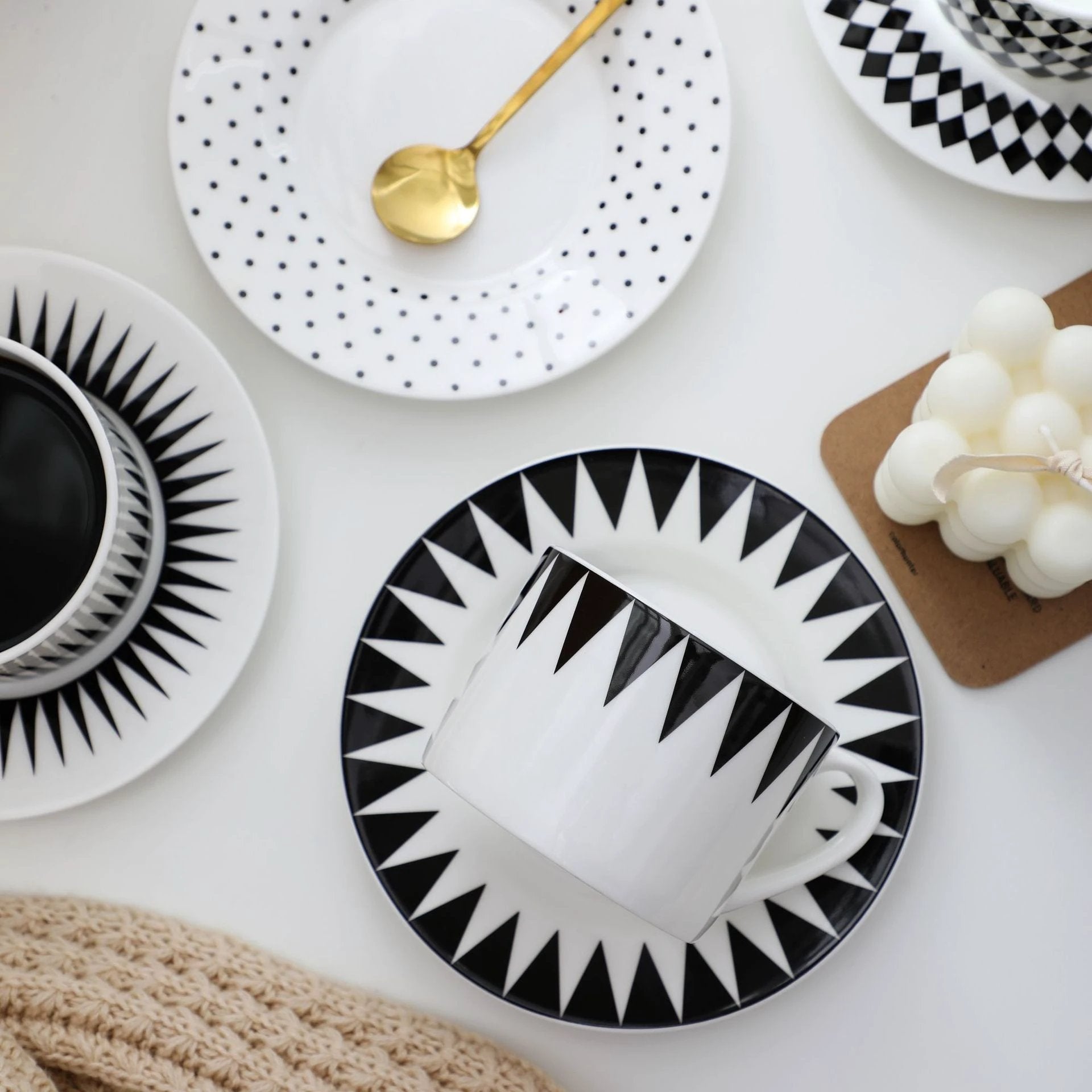 BowLift 丨 Bone China Coffee Cup & Saucer Set Black-White Geometric Bone by BowLift
