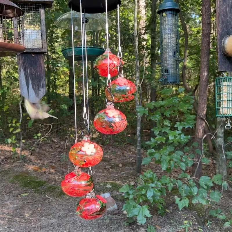 ChimeFeeder handcrafted glass hummingbird feeder with wind chime Bowlift by Bowlift