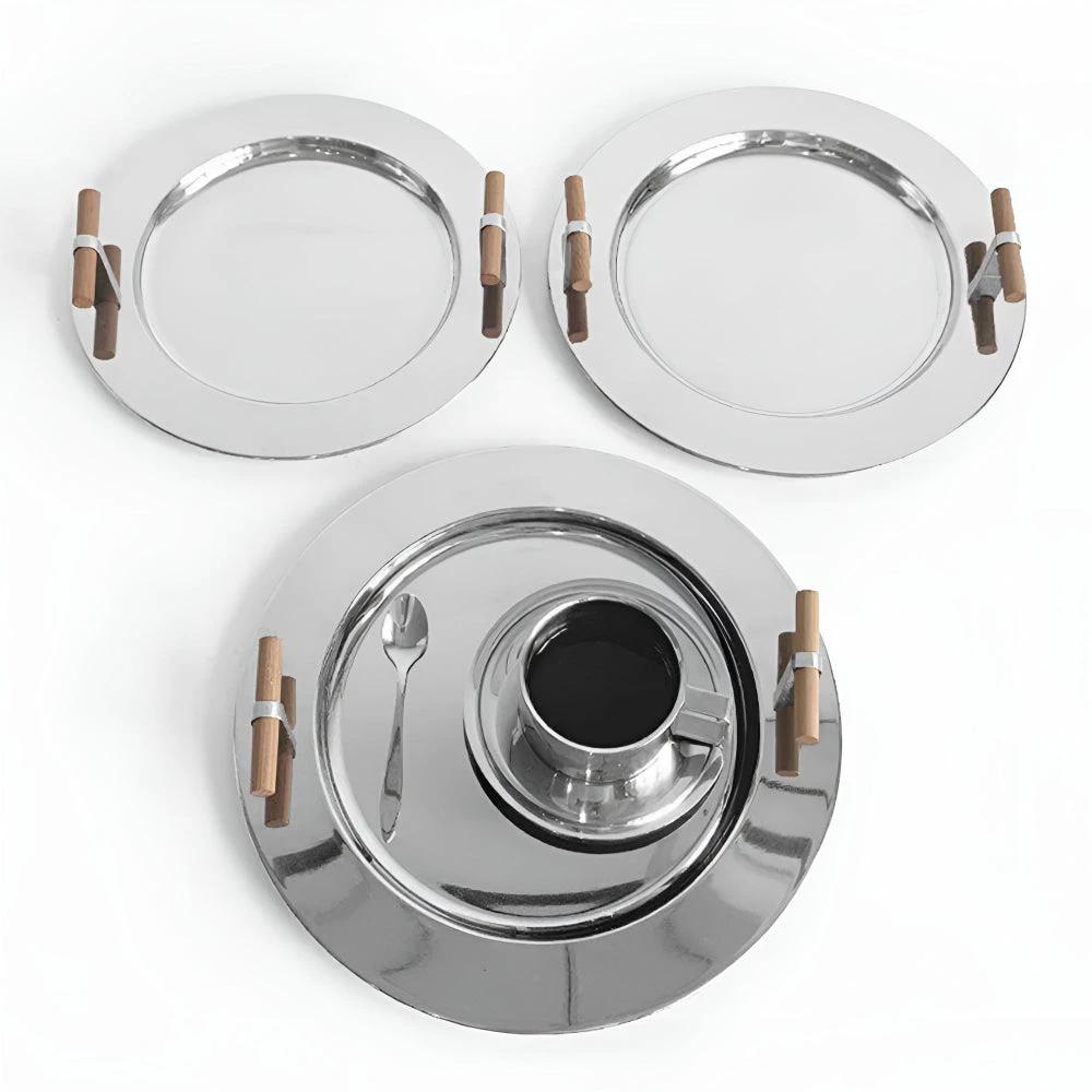 Elegant Stainless Steel Round Tray with Wooden Handles by Casa & Beyond