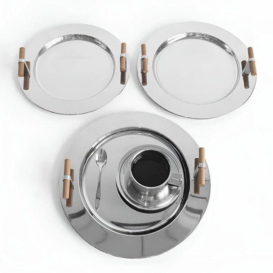 Elegant Stainless Steel Round Tray with Wooden Handles by Casa & Beyond