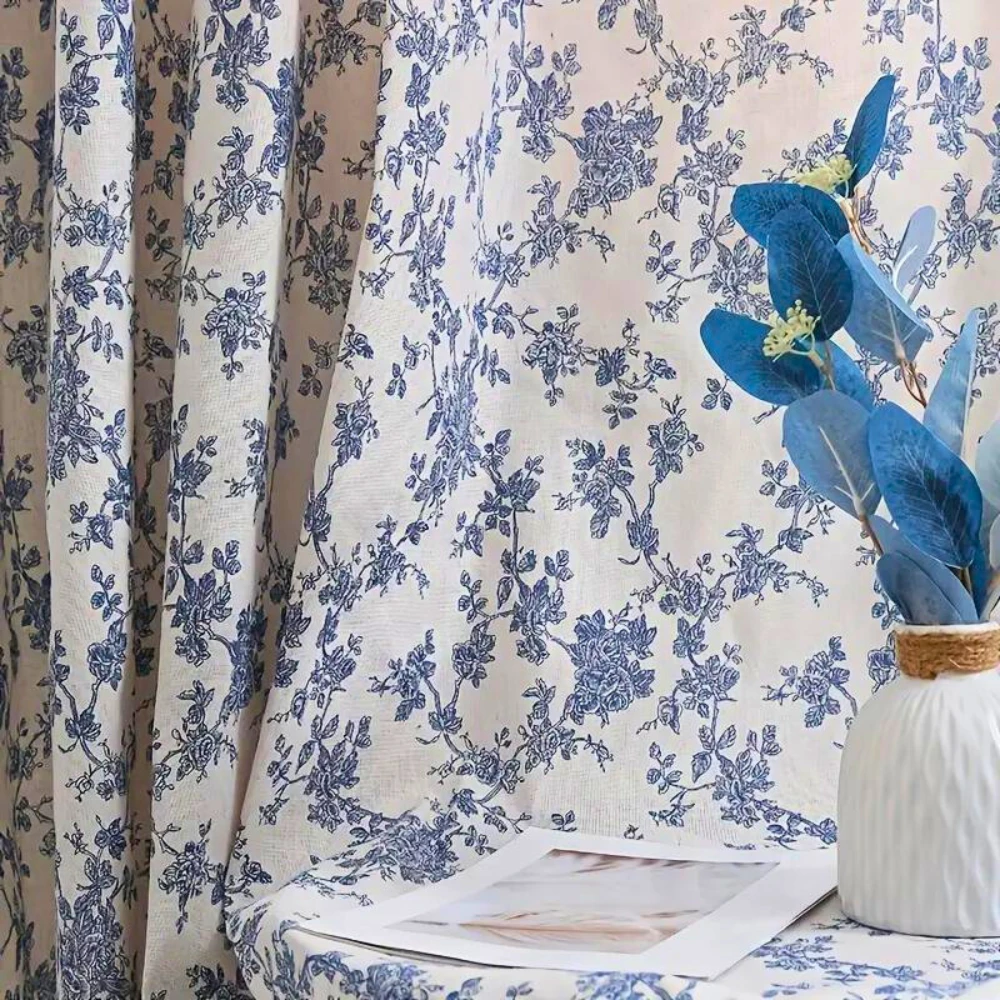 Blue Rose Floral Home Curtain by Casa & Beyond