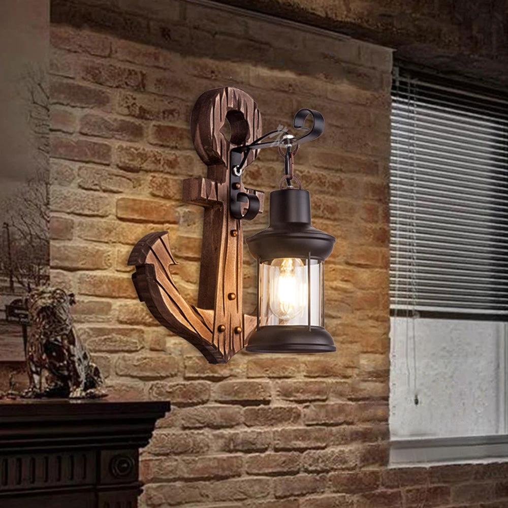 Rustic wood anchor wall lamp with lantern Bowlift by Bowlift