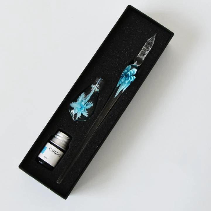 Glass fountain pen with ink and pen holder by Bowlift