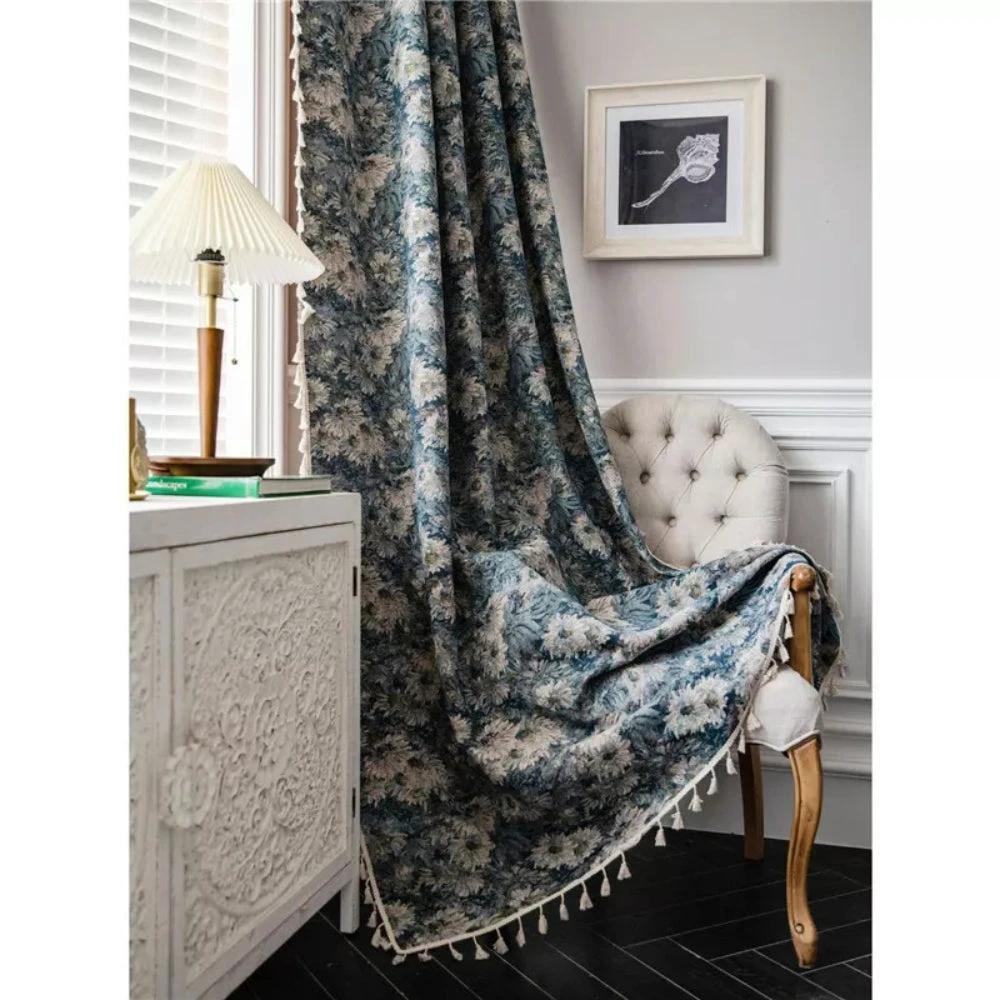 Navy Floral Tassel Curtains by Casa & Beyond