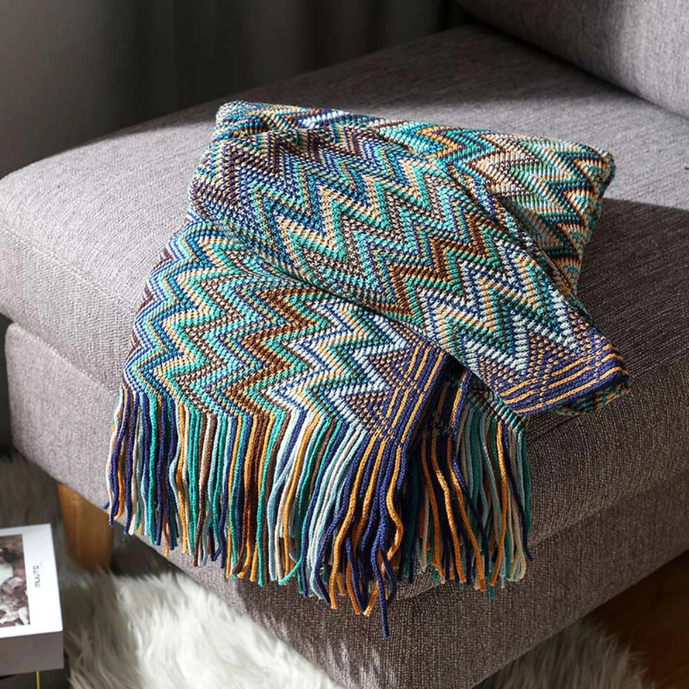 Multicolor Zigzag Tasseled Knit Throw by Casa & Beyond