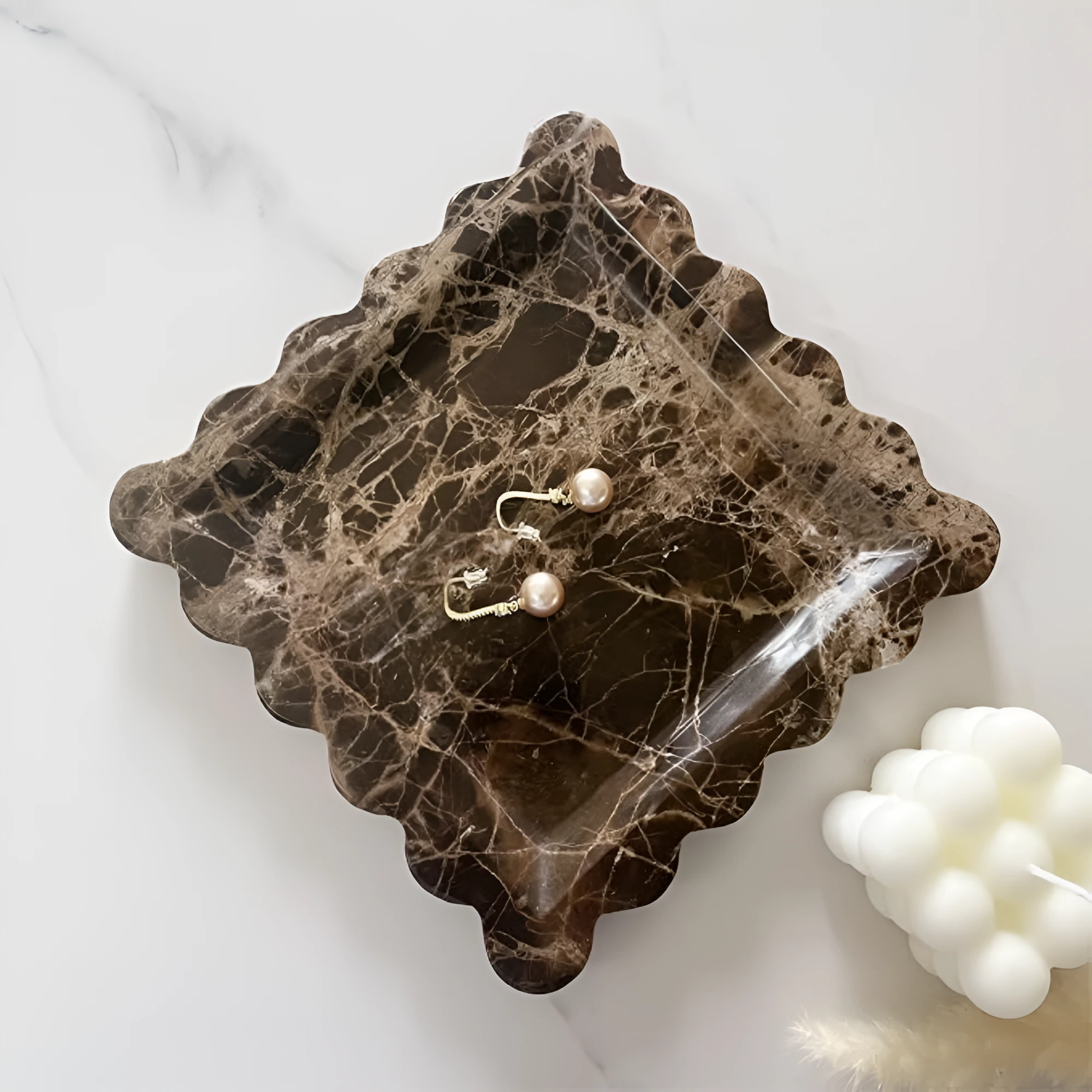 Scalloped Marble Travertine Jewellery Tray by Casa & Beyond