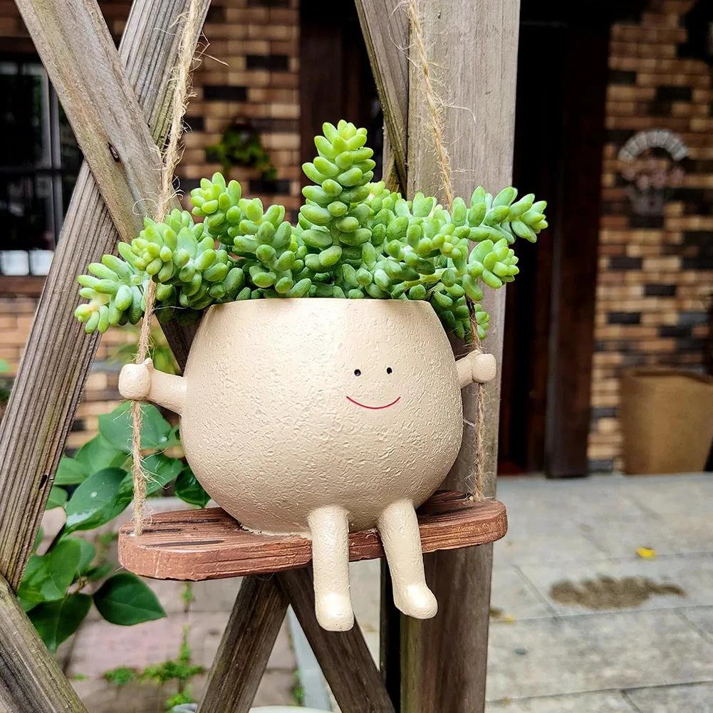 Swinging Face Planter Flower Pot - Resin Head Flower Pot for Indoor/Outdoor Plants Bowlift by Bowlift