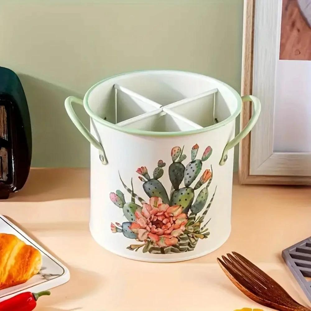 Floral Utensil Storage Basket with Divider Lid by Casa & Beyond