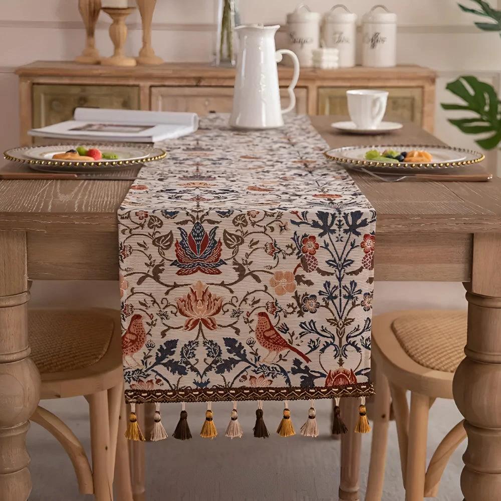 Vintage Floral & Bird Jacquard Table Runner by Casa & Beyond