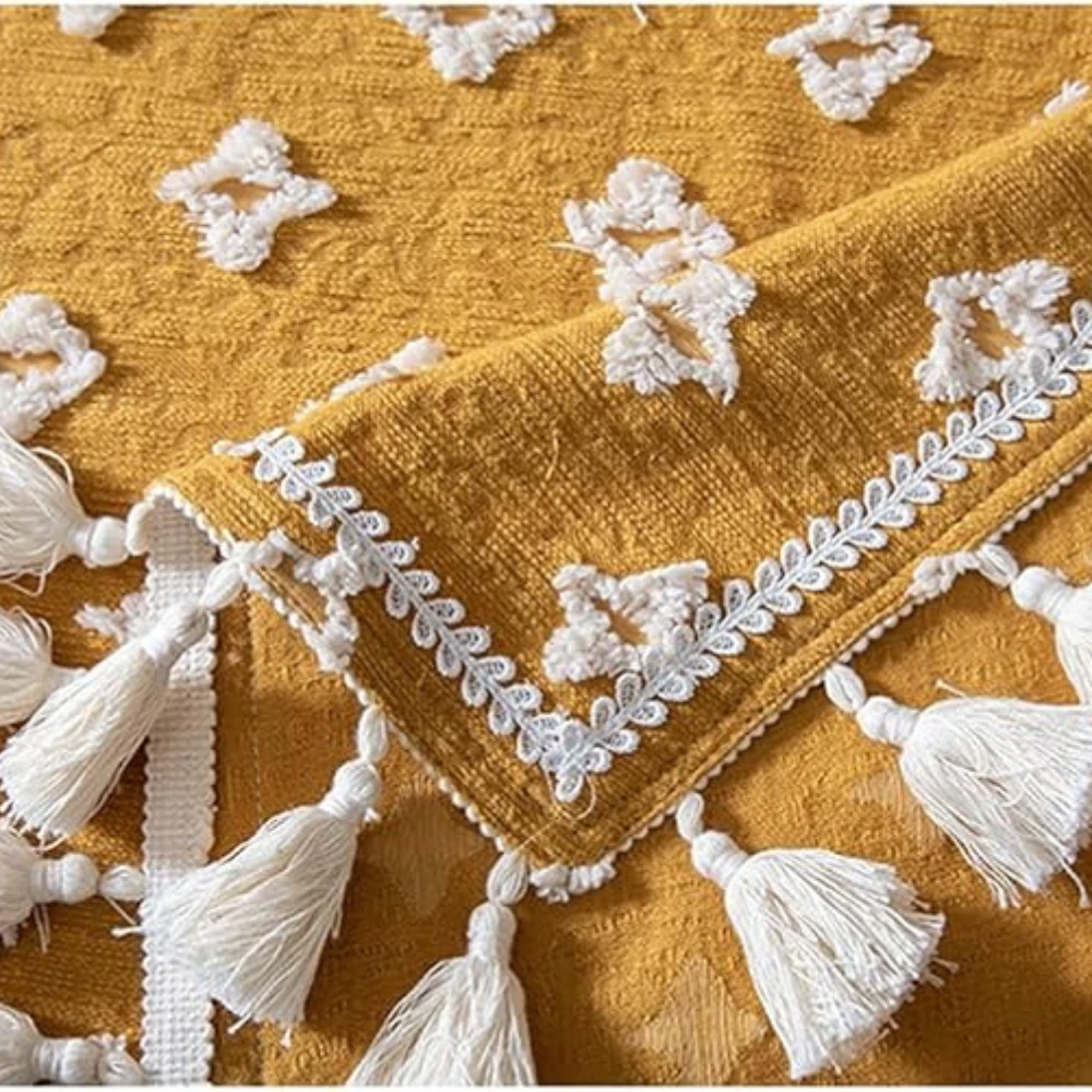 Versatile Yellow Embroidered Tassel Tablecloth by Casa & Beyond