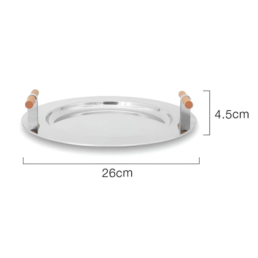 Elegant Stainless Steel Round Tray with Wooden Handles by Casa & Beyond