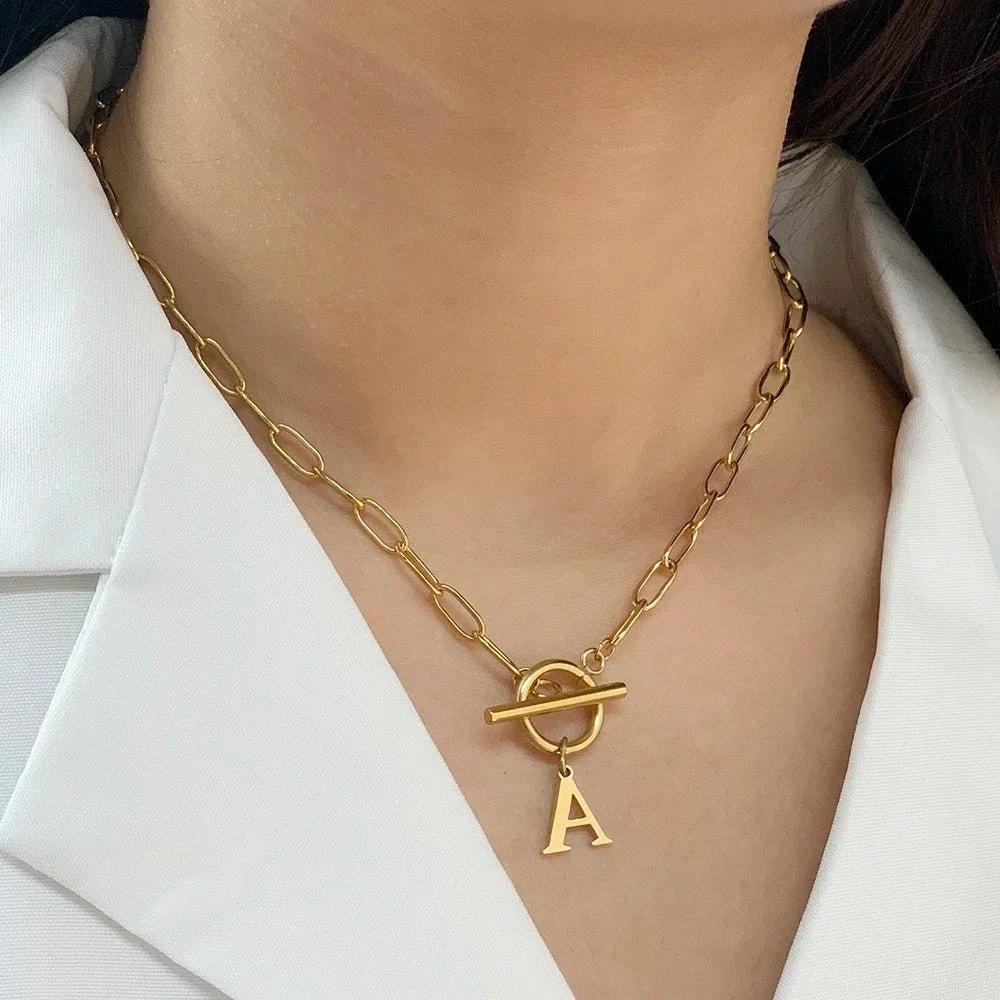 Paperclip Letter Initial Circle Lock Clasp Necklace by BowLift
