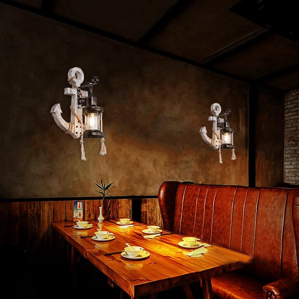 Rustic wood anchor wall lamp with lantern Bowlift by Bowlift