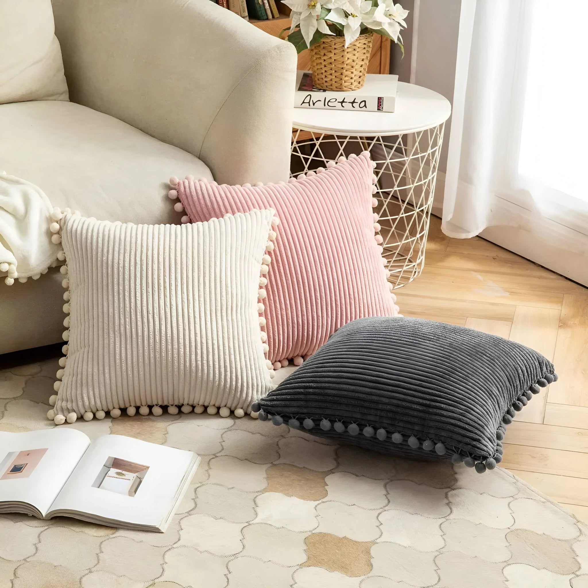 Plush Ribbed Pom-Pom Cushion Cover by Casa & Beyond