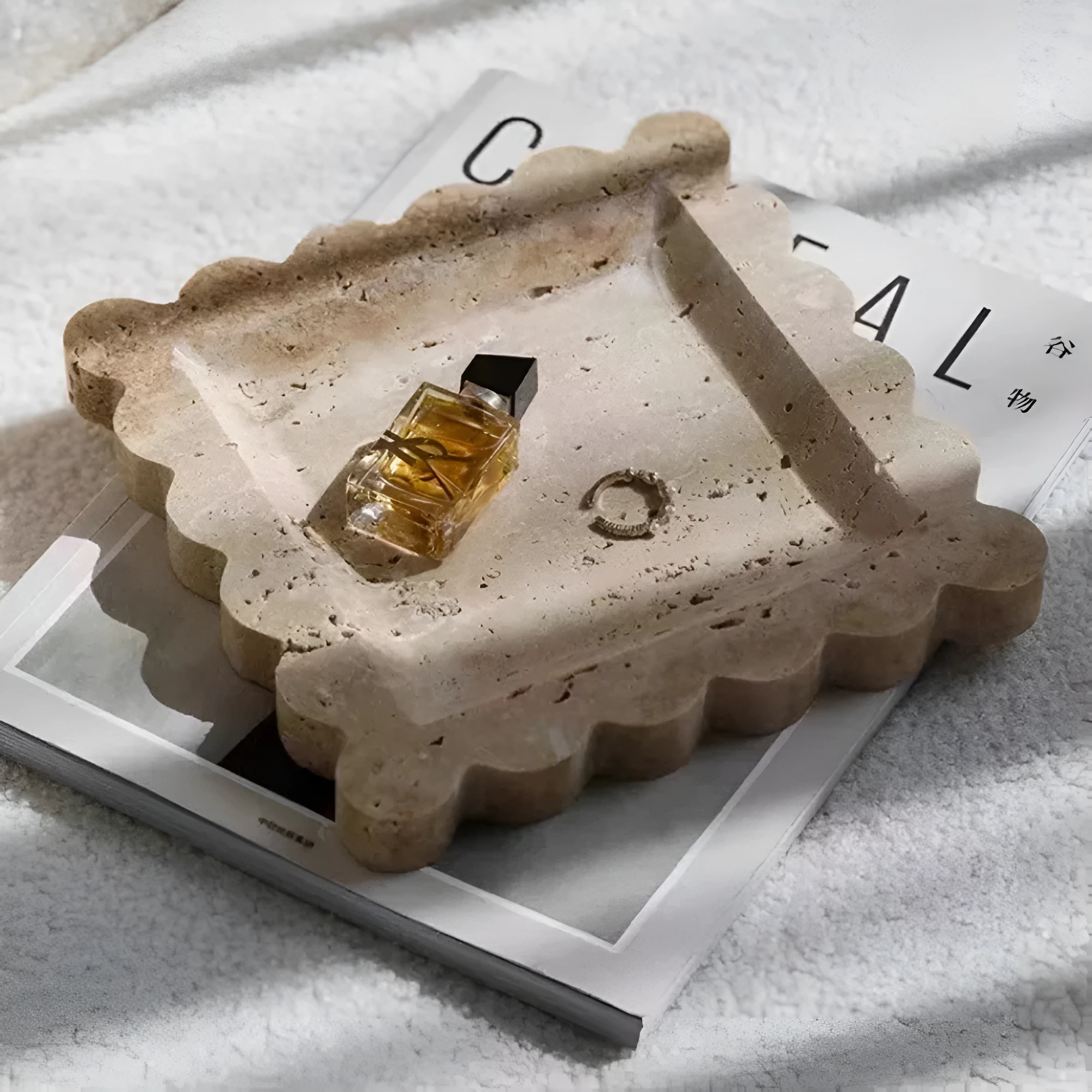Scalloped Marble Travertine Jewellery Tray by Casa & Beyond