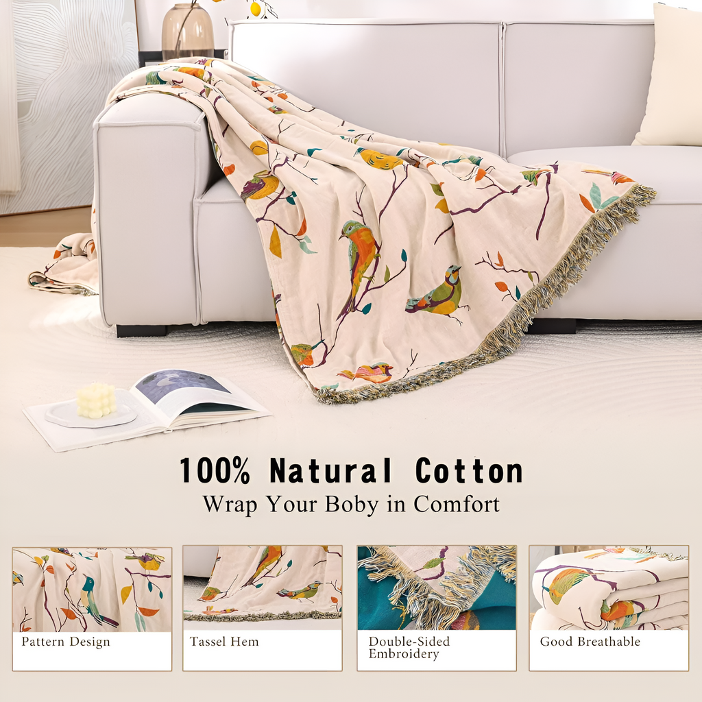 Whimsical Bird Tassel Cotton Blanket by Casa & Beyond