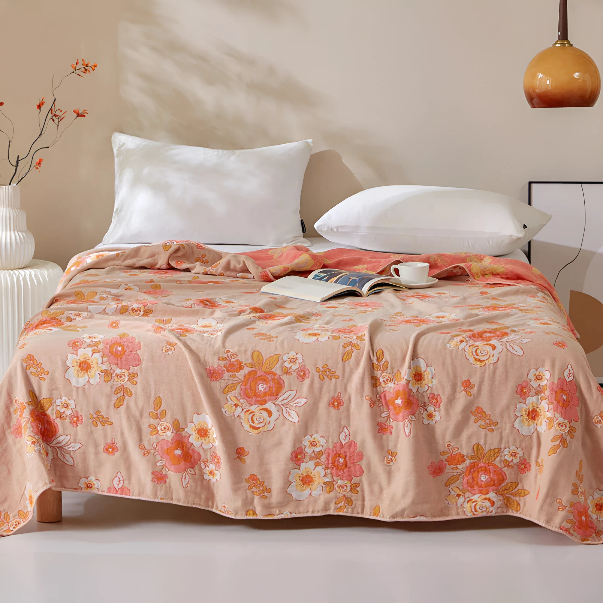 Blush Cotton Gauze Floral Blanket by Casa & Beyond