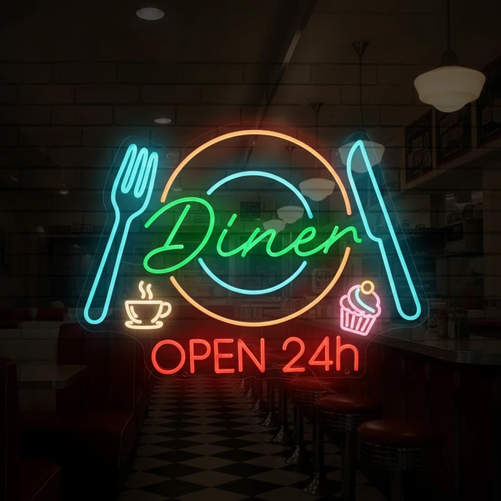 Restaurant Neon Sign Dinner 24h Open Neon Sign by Neonchics