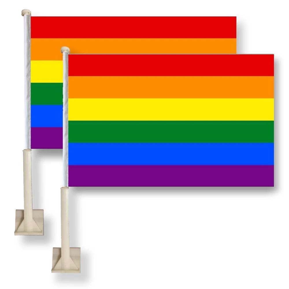 Rainbow Flag Car Window Flag of Rainbow 11X18 Inch(28x46cm) 100% Polyester, Strong White Flagpole by flagsshop