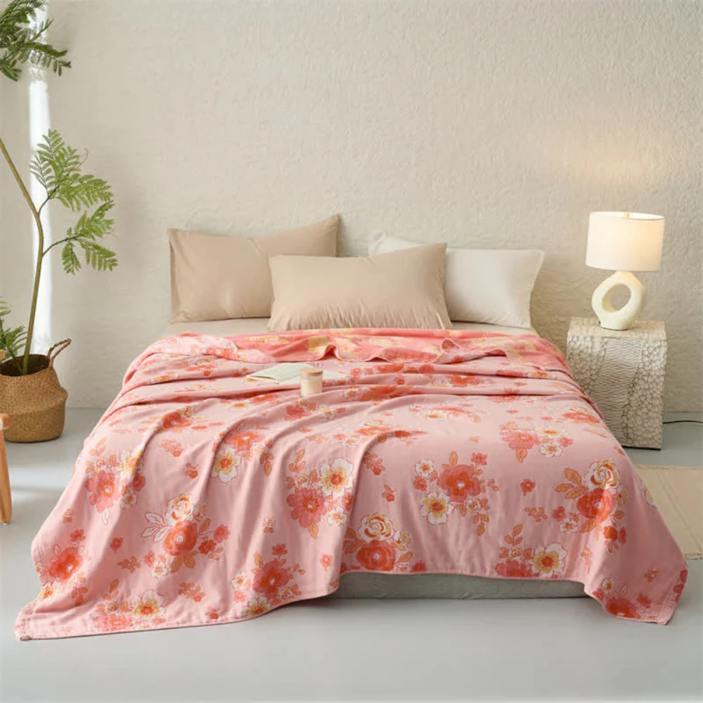 Blush Cotton Gauze Floral Blanket by Casa & Beyond