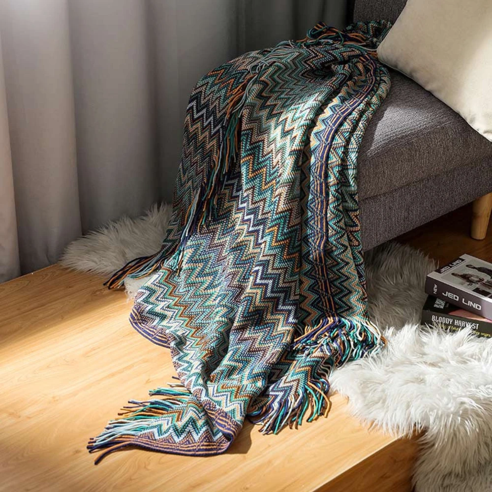 Multicolor Zigzag Tasseled Knit Throw by Casa & Beyond
