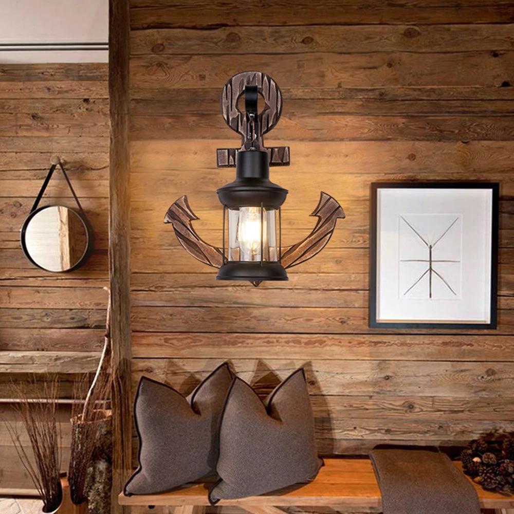 Rustic wood anchor wall lamp with lantern Bowlift by Bowlift
