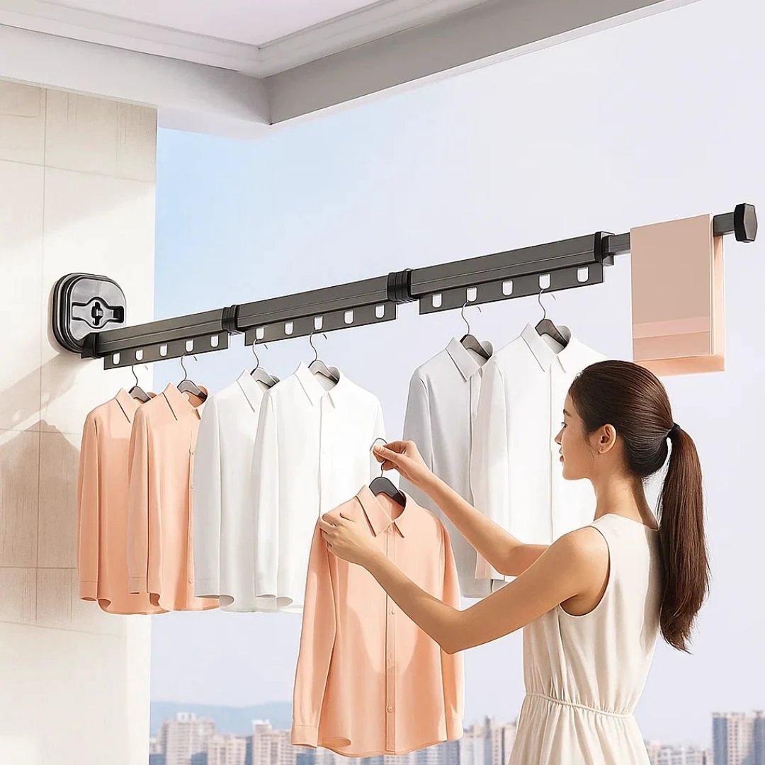 SpaceEase | Folding Clothes Hanger – Retractable Wall-Mounted Rack – Stainless Steel – Ideal for Small Spaces Bowlift by Bowlift