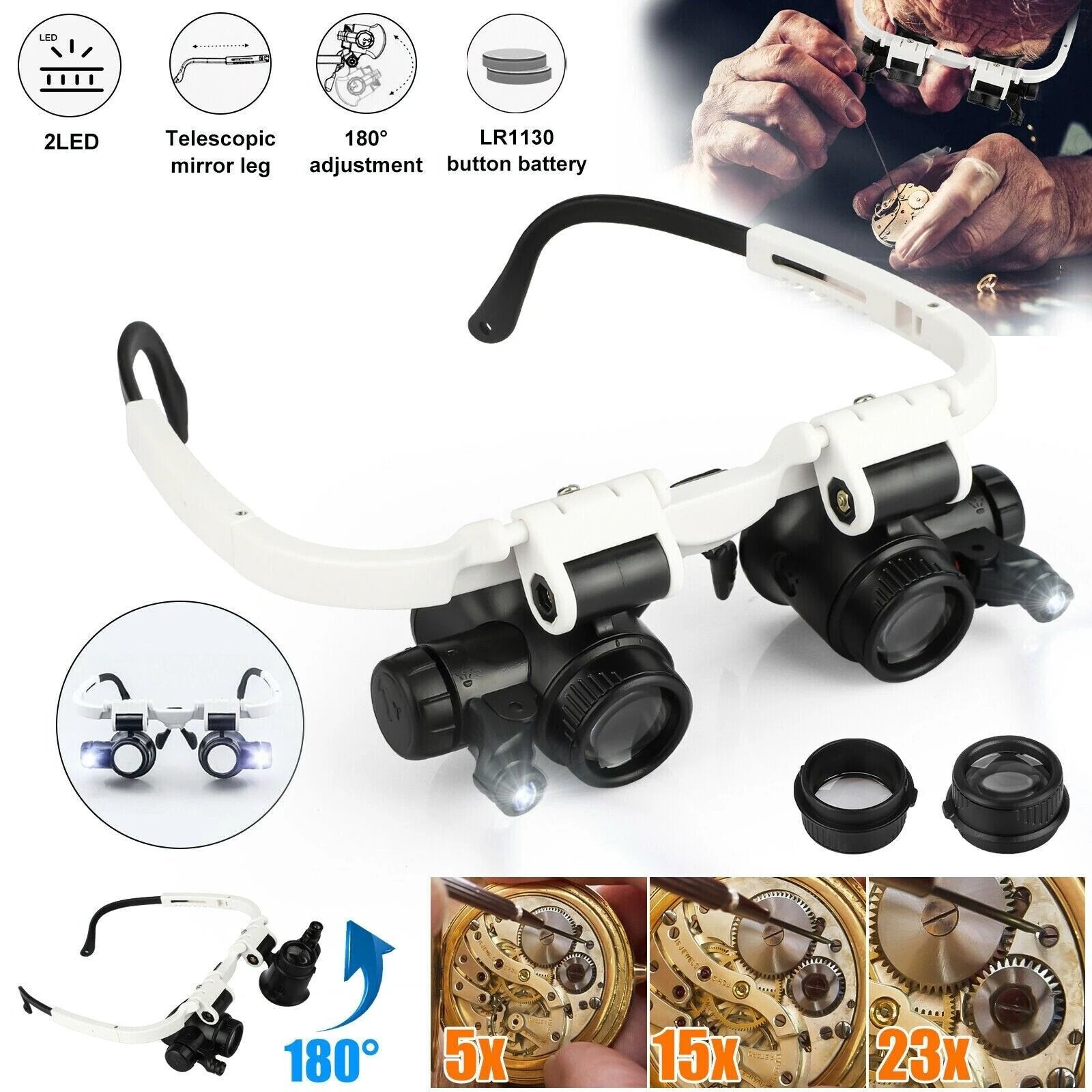 Adjustable Headband Magnifier with LED Light & 8 Lenses – Perfect for Jewelry, Watch Repair & Engraving by BowLift