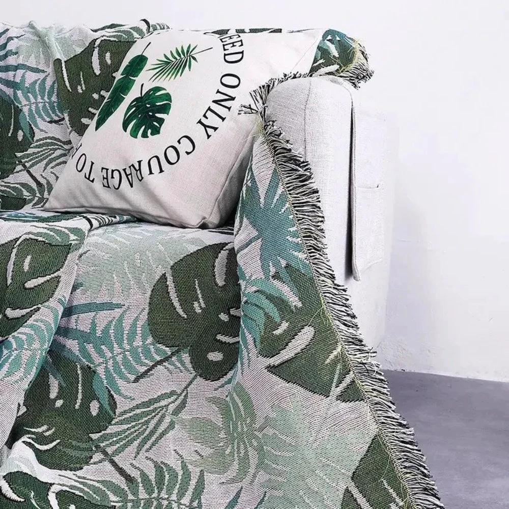 Palm Leaves Sofa Cover Tassel Blanket by Casa & Beyond