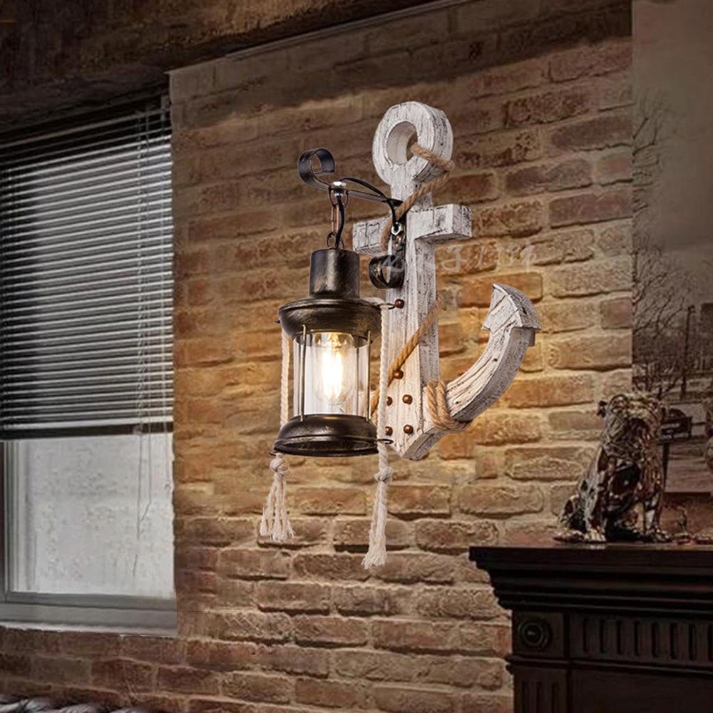 Rustic wood anchor wall lamp with lantern Bowlift by Bowlift